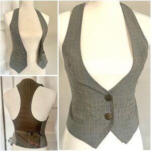 True Vintage Express Gray Plaid Halter Vest Brass buttons green tones